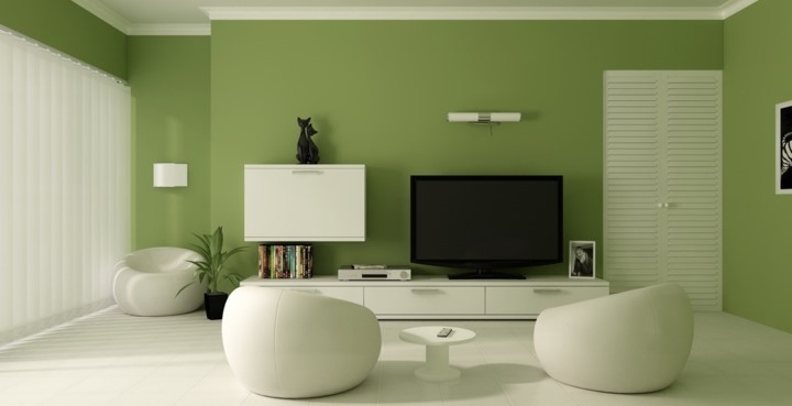 Phòng khách có màu xanh lá cây tạo cảm giác gần gũi với thiên nhiên