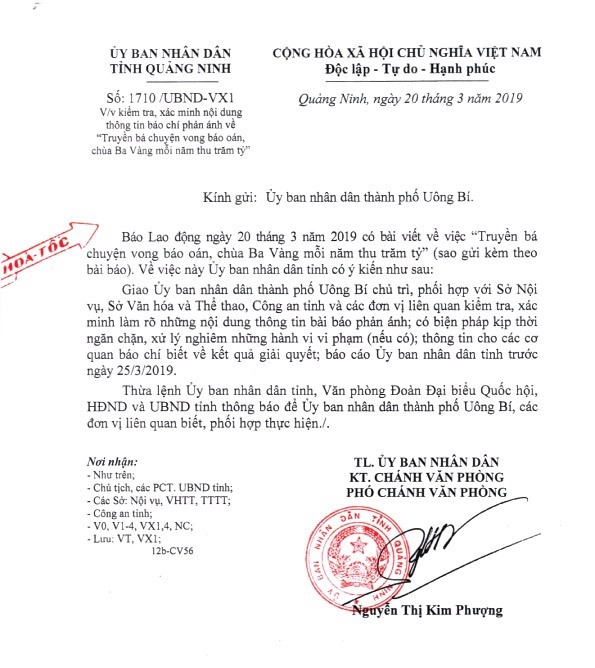 Công văn hoả tốc của UBND tỉnh Quảng Ninh.