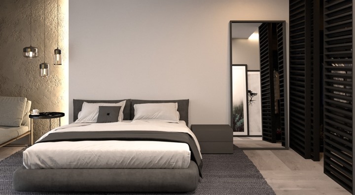 Trong phòng ngủ chính, một dải đèn LED đặt âm tường phía sau giường ngủ.