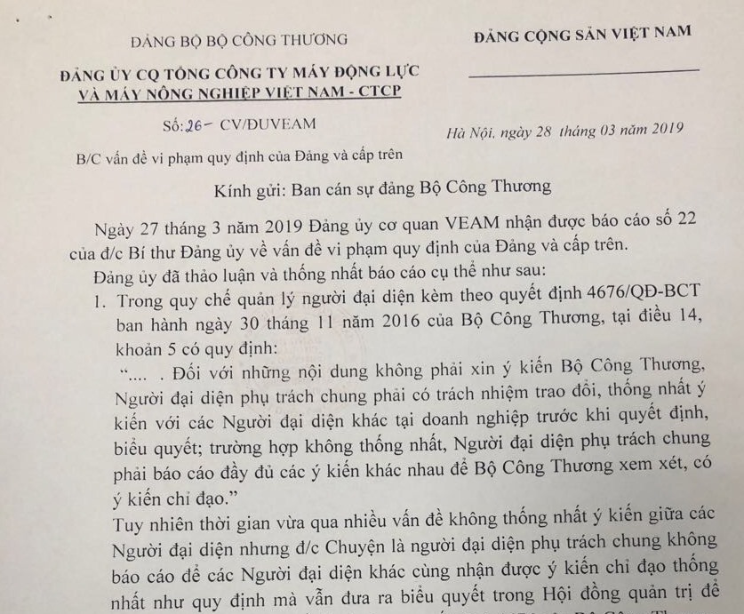 Văn bản của Đảng ủy VEAM gửi Bộ Công thương