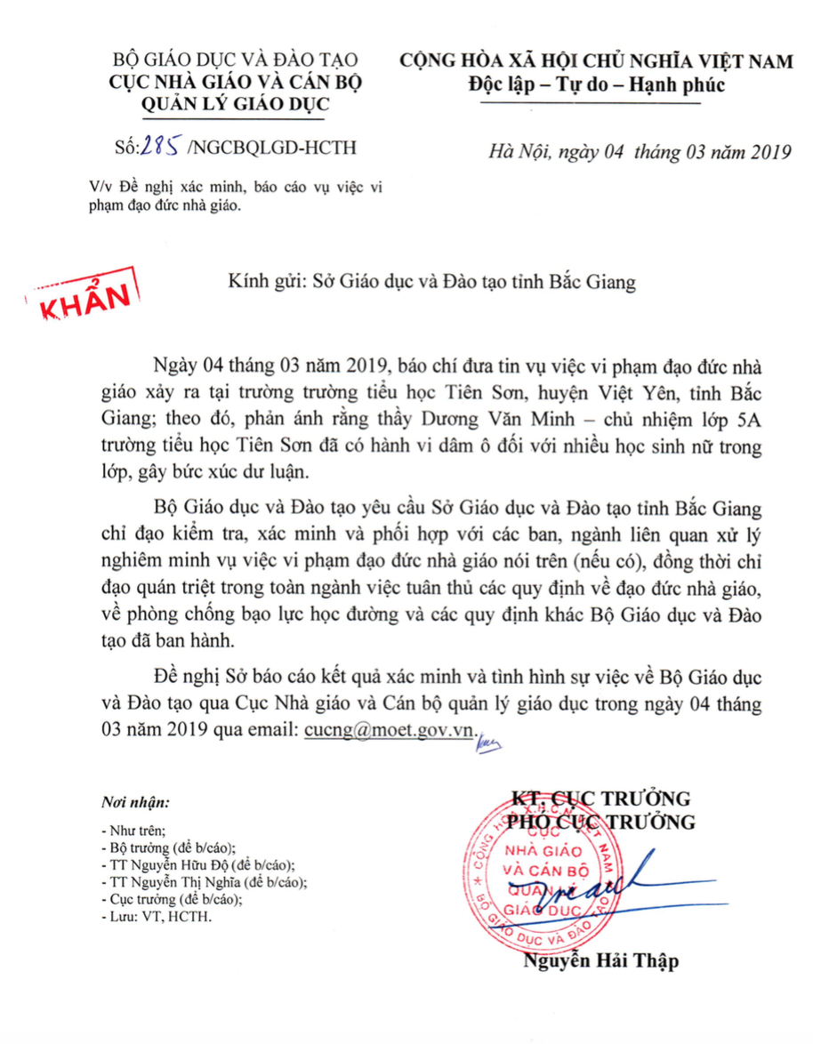 Bộ GDĐT ra công văn khẩn yêu cầu Sở GDĐT Bắc Giang xác minh, làm rõ thông tin thầy giáo bị tố dâm ô học sinh.