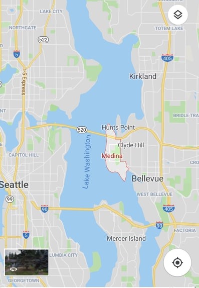 Thành phố Medina nằm trên một bán đảo bên hồ Washington, bên kia Seattle với tổng cư dân khoảng 3.000 người. Ảnh: World Atlas