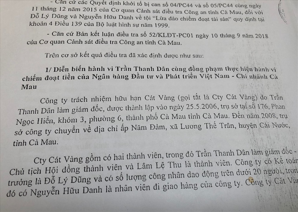 Cáo trạng truy tố Trần Thanh Dân lừa chiếm của BIDV Cà Mau 9 tỉ.