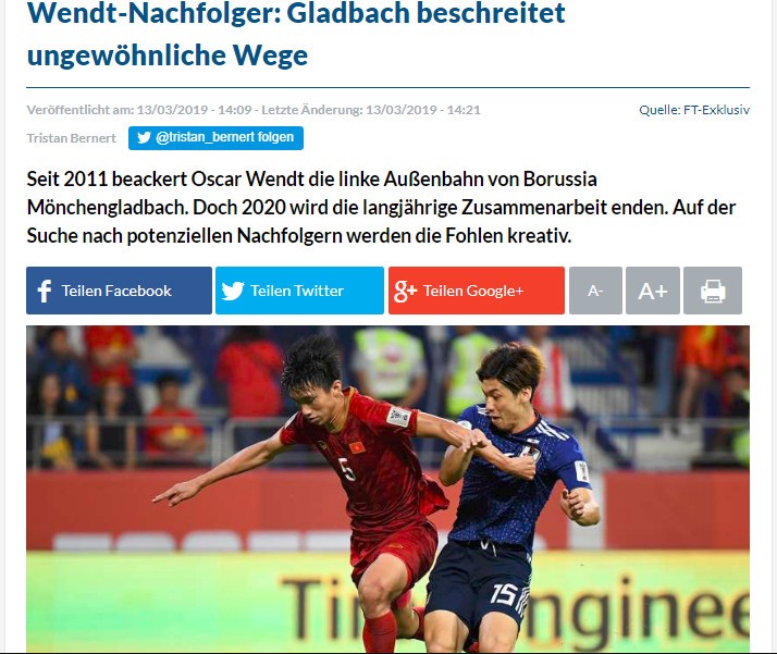 Báo Đức có bài viết về việc Borussia Monchengladbach muốn chiêu mộ Văn Hậu thay hậu vệ Wendt.