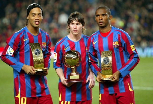 Samuel Eto'o, Messi và Ronaldinho từng là bộ ba “nguyên tử” của Barcelona. Ảnh Soccer Laduma