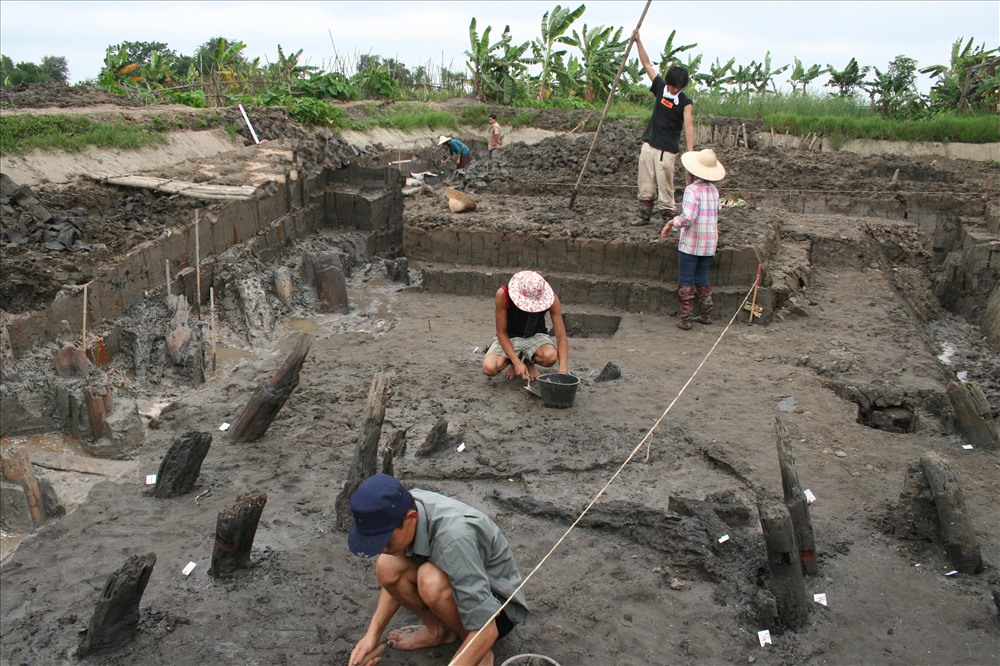 Chuyên gia Nhật bản và Viện Khảo cổ học (Việt Nam) khai quật Bãi cọc đồng Má Ngựa năm 2009. Sau khi khai quật, bãi cọc lại được chôn xuống bùn để bảo quản. Ảnh: NGÔ ĐÌNH DŨNG