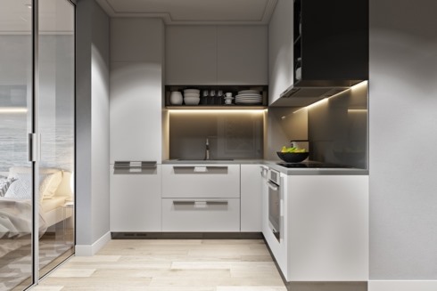 Một trong những kiểu tủ bếp thường thấy nhất trong các căn hộ chung cư chính là tủ bếp chữ L, tủ có hình dáng nhỏ gọn ôm sát tường nên không tốn diện tích.
