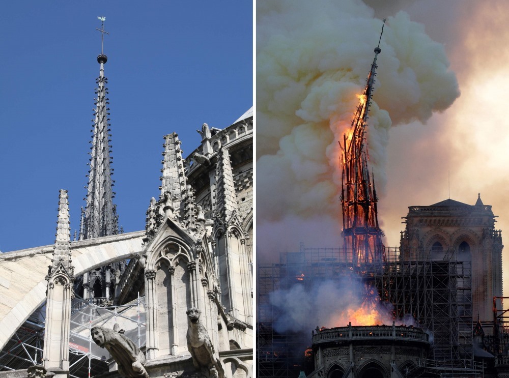 Tháp Nhà thờ Đức Bà Paris trước và sau vụ hỏa hoạn. Ảnh: AFP.