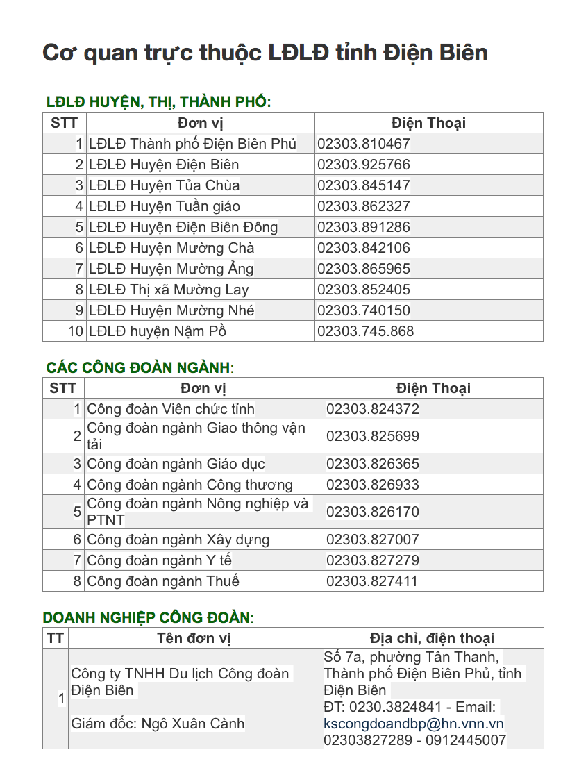 Danh sách các đơn vị trực thuộc LĐLĐ tỉnh Điện Biên. 