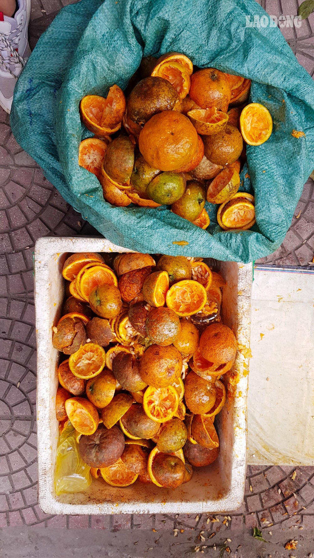 Ngoài bán được nước cam, vỏ cam được các nông dân ở Hưng Yêu thu mua về làm phân bón cho cây trồng.