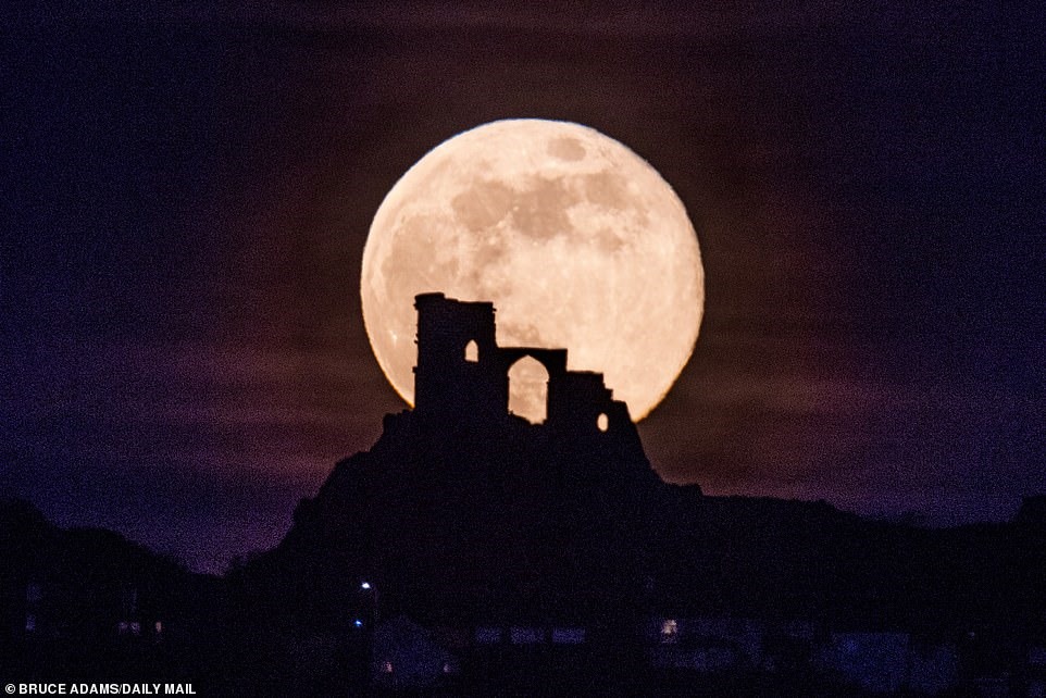 Trăng hồng diễn ra khi mặt trăng di chuyển đến phía đối diện với Trái đất (Trái đất nằm giữa mặt trăng và mặt trời).  Khi đó, mặt trăng lớn và sáng hơn bình thường. Trong ảnh, Mặt trăng quan sát tại Cheshire, Anh. Ảnh: Daily Mail.