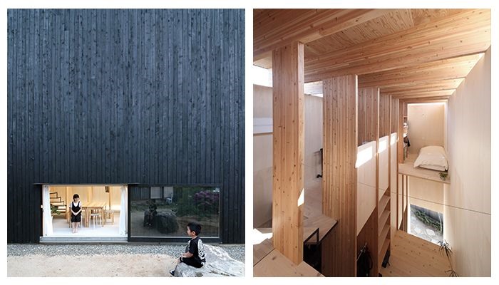 Căn nhà đặc biệt này là do kiến trúc sư Katsutoshi Sasaki tự thiết kế cho chính gia đình mình. Nhìn bên ngoài đây là một căn nhà bí ẩn, không có của sổ nhưng bên trong lại hoàn toàn là một không gian mở. Nội thất chủ yếu là gỗ được thiết kế đơn giản.