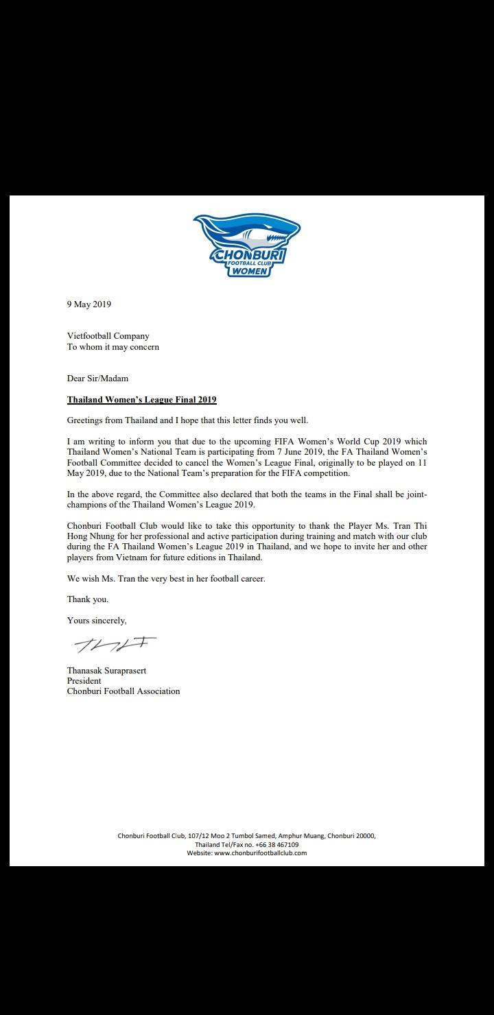 Lá thư cảm ơn của Chủ tịch Chonburi gửi cho Vietfootball - đơn vị đưa Hồng Nhung của Phong Phú Hà Nam sang Thái Lan chơi bóng.