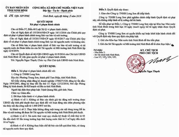 Quyết định xử phạt vi phạm hành chính đối với Cty TNHH Long Sơn. Ảnh: NT