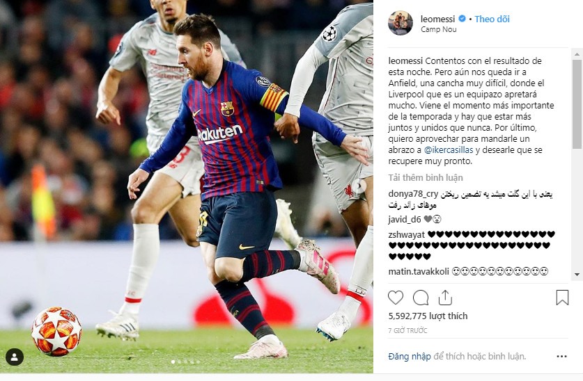 Messi đăng ảnh và lời chúc dành cho Casillas trên Instagram cá nhân. Ảnh IGNV