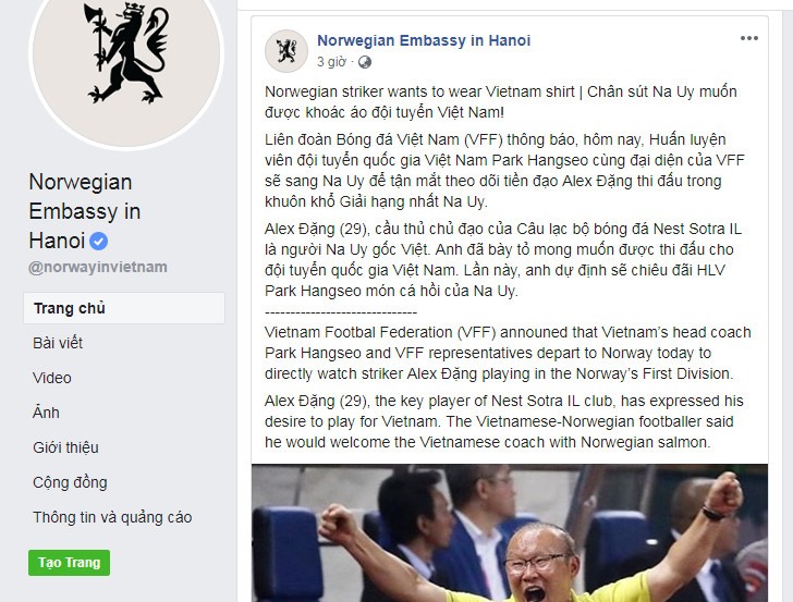 Đoạn thông báo trên Facebook chính thức của Đại sứ quán Na Uy. Ảnh Chụp màn hình
