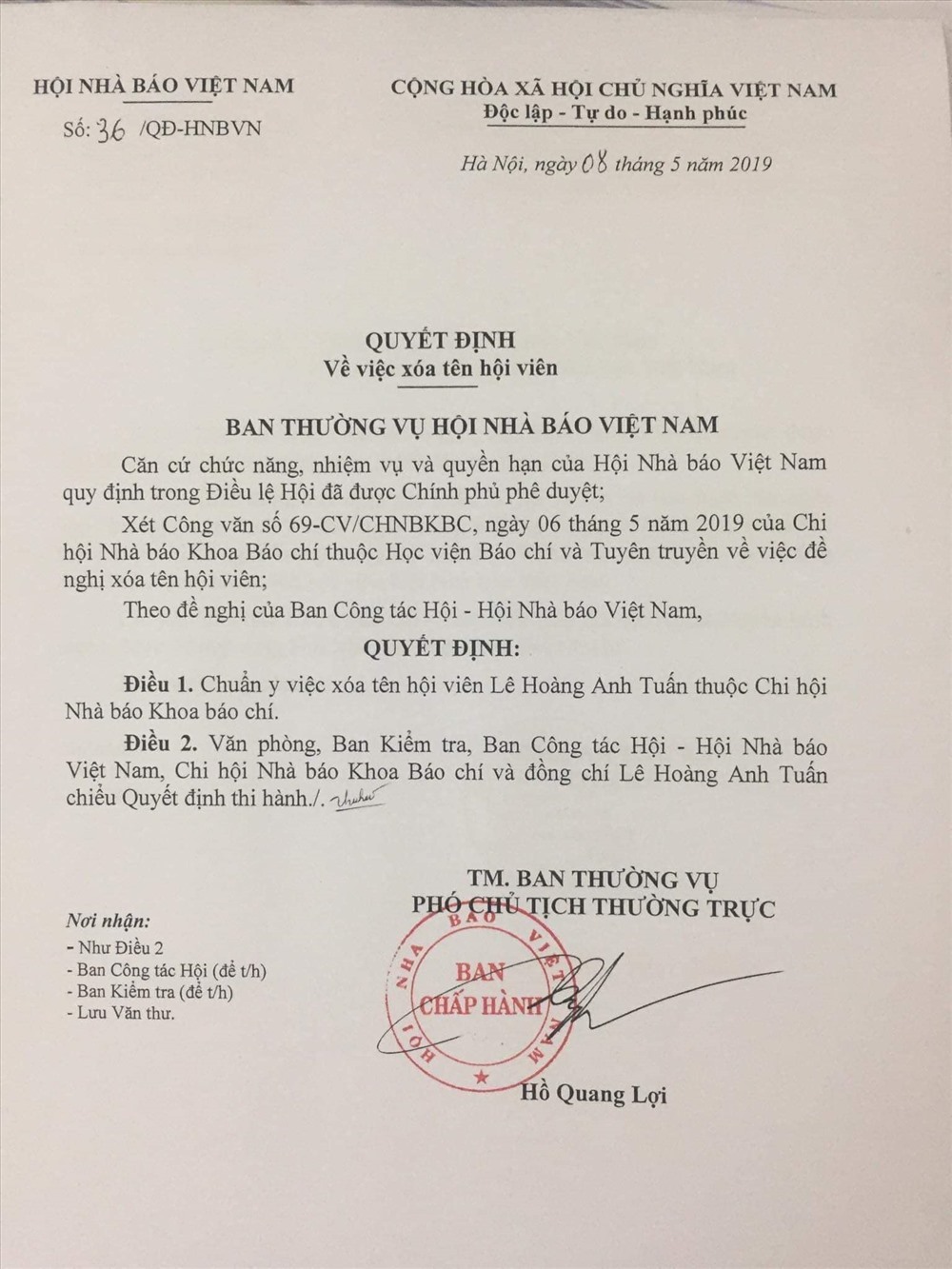 Văn bản chính thức của Hội Nhà báo Việt Nam.