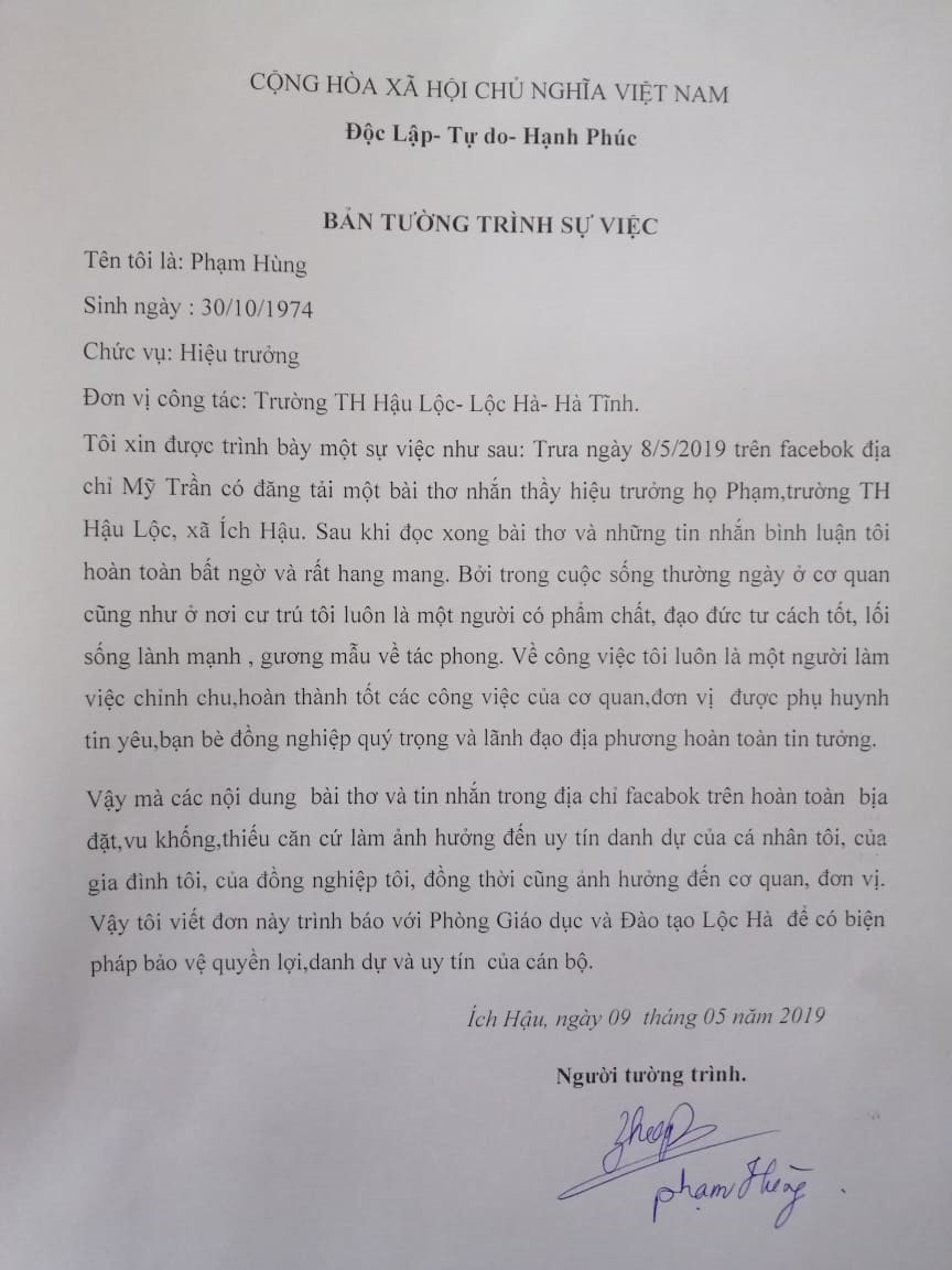 Bản tường trình của thầy giáo Phạm Hùng