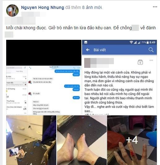 Chị Hồng Nhung khẳng định mình không hề đăng status bị chồng đánh lên trang cá nhân. Chị nghi ngờ có thể mình bị hack facebook, hoặc bị cắt ghép hình ảnh. 