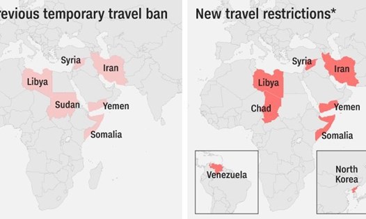 Các nước bị tác động bởi lệnh cấm nhập cư trước đó (bên trái) và lệnh cấm nhập cư mới nhất của Tổng thống Donald Trump. Ảnh: CNN