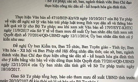 Văn bản của UBNB tỉnh Hà Tĩnh về việc tham mưu dừng quyết định 77/2014 vì có nội dung trái pháp luật. Ảnh: CM