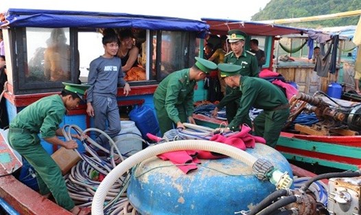 Đội Tuần tra kiểm soát Đồn Biên phòng Thanh Lân (Quảng Ninh) kiểm đếm tang vật và phương tiện khai thác trái phép. Ảnh: QTV