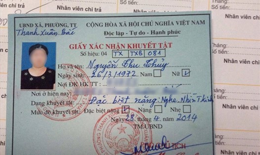 Giấy xác nhận người khuyết tật đặc biệt nặng của chị Nguyễn Thu Thủy.