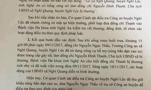 Thông cáo báo chí của Cơ quan Cảnh sát điều tra Công an huyện Nghi Lộc về vụ việc. Ảnh: PV