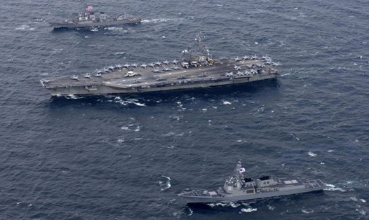 3 tàu sân bay Mỹ cùng nhau tập trận. Ảnh: AP