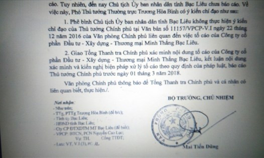Văn bản của VPCP giao cho Tổng Thanh tra Chính phủ xác minh làm rõ tố cáo của Cty MInh Thắng.