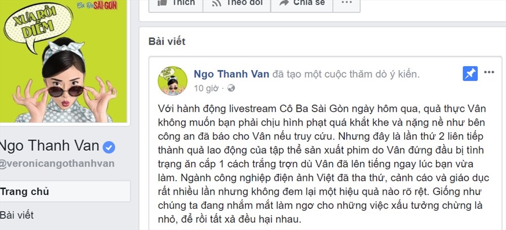 Dòng trạng thái trên trang cá nhân của Ngô Thanh Vân. Ảnh: FBNV