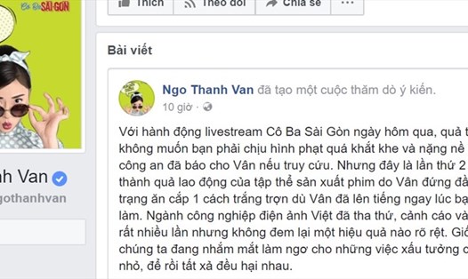 Dòng trạng thái trên trang cá nhân của Ngô Thanh Vân. Ảnh: FBNV