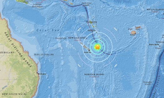 Tâm chấn động đất ở nam Thái Bình Dương. Ảnh: USGS