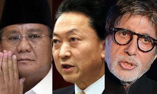 (từ trái qua phải) lãnh đạo liên minh đối lập Indonesia Prabowo Subianto, cựu Thủ tướng Nhật Yukio Hatoyama và siêu sao Ấn Độ Amitabh Bachchan. Ảnh: Straits Times