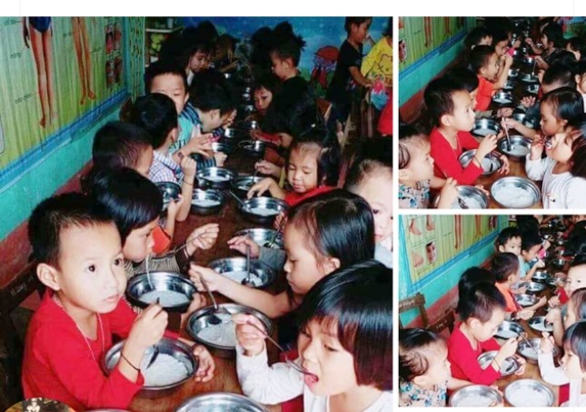 Hình ảnh trẻ mầm non Thạch Ngàn ăn miến phở chan với nước trắng. ảnh: Facebook