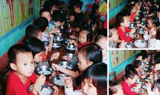 Hình ảnh trẻ mầm non Thạch Ngàn ăn miến phở chan với nước trắng. ảnh: Facebook