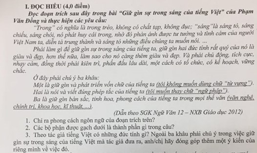 Đề văn cho học sinh lớp 12 tại trường THPT chuyên Nguyễn Huệ, Hà Nội. Ảnh: Zing