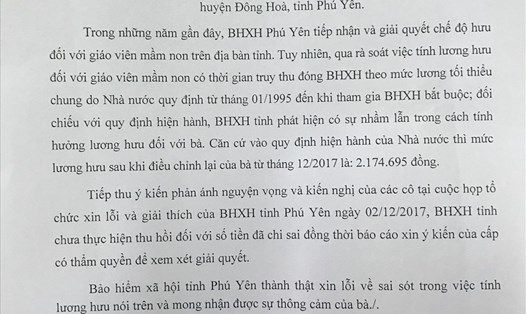 Thư xin lỗi của BHXH tỉnh Phú Yên gửi cựu giáo viên bị tính nhầm lương hưu.