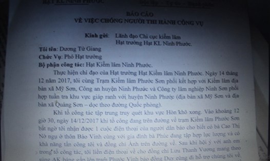 Báo cáo tường trình vụ việc của ông Cao Bá Giang - Hạt phó Hạt kiểm lâm Ninh Phước, Ninh Thuận.