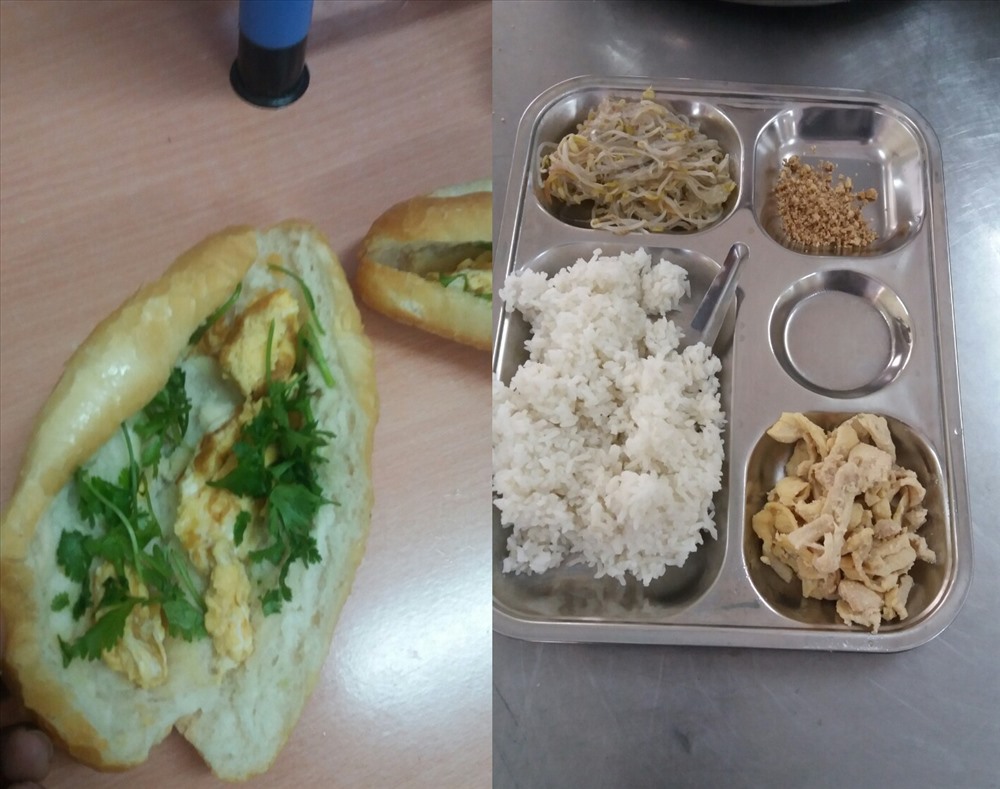 Một bữa sáng trị giá 12.000 đồng (chiếc bánh mỳ) và bữa trưa 23.000 đồng của trẻ em khiếm thị Trường Nguyễn Đình Chiểu (Hà Nội). Ảnh: phụ huynh cung cấp.