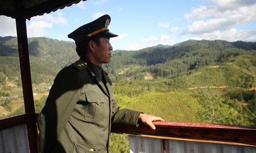 Kiểm lâm phụ trách địa bàn người Mông Vàng Súa Lử quan sát rừng trên chòi canh.