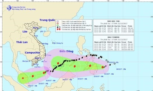Vị trí và hướng đi của bão số 15 Kai-Tak và bão số 16 Tembin. Ảnh: NCHMF