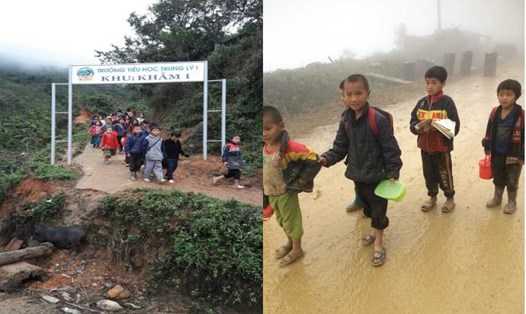 Học trò của thầy Thủy đi học trong ngày mưa rét các em đều phải mang cơm theo vì nhà xa và tất cả đều tự đi bộ đến trường. Ảnh: P.V