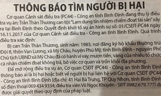 Thông báo tìm bị hại của Cơ quan CSĐT Công an tỉnh Bình Định trong vụ án nguyên Phó Chủ tịch UBND xã Mỹ Châu chiếm đoạt tài sản.