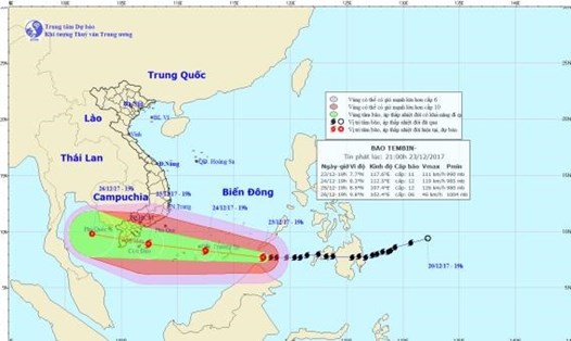 Vị trí và hướng đi của bão Tembin. AnhrL: NCHMF