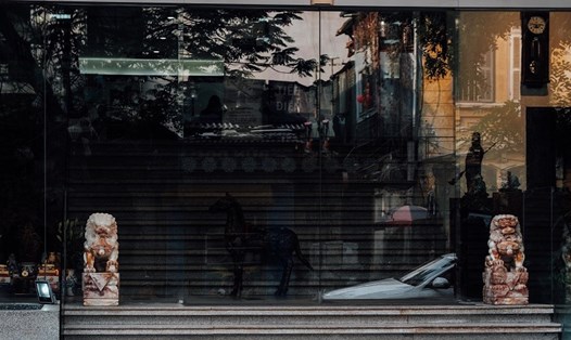 Hình ảnh sư tử đá trước cửa một ngân hàng trên phố Phan Bội Châu, Hà Nội trưa 25.12.2017 do PV Lao Động ghi lại. Ảnh: Sơn Tùng