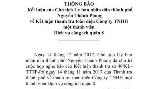 Thông báo Kết luận của Chủ tịch UBND TP Nguyễn Thành Phong về các sai phạm tại Công ty TNHH một thành viên Dịch vụ công ích quận 8.