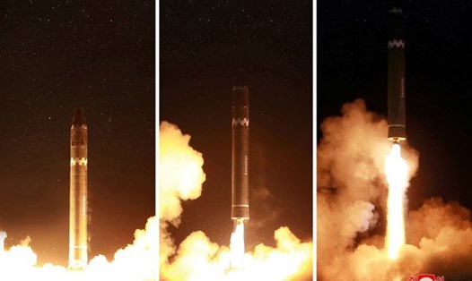 Triều Tiên công bố hình ảnh vụ phóng tên lửa đạn đạo liên lục địa Hwasong-15. Ảnh: KCNA