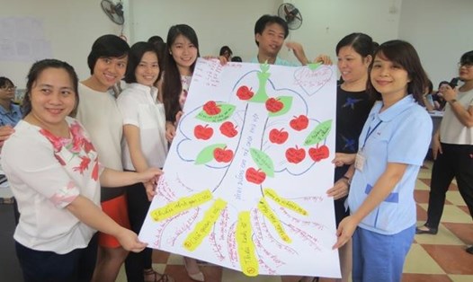 Các CBCĐ, nhân viên y tế các DN trong các KCN - CX Hà Nội dùng hình vẽ chỉ ra việc nhiều nữ CN còn thiếu kiến thức về dinh dưỡng cho trẻ. Ảnh: Xuân Trường