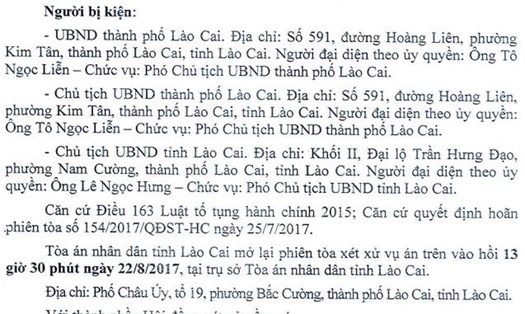 Thành phần người bị kiện được chỉ rõ trong thông báo của TAND tỉnh Lào Cai.